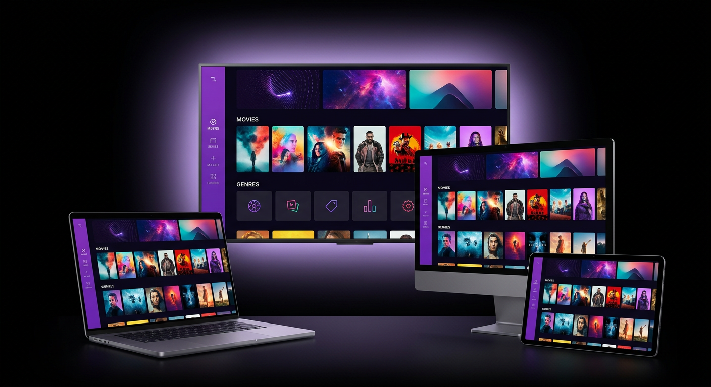 The STRMIO interface shown on a Smart TV, a laptop, a desktop monitor and an Android tablet